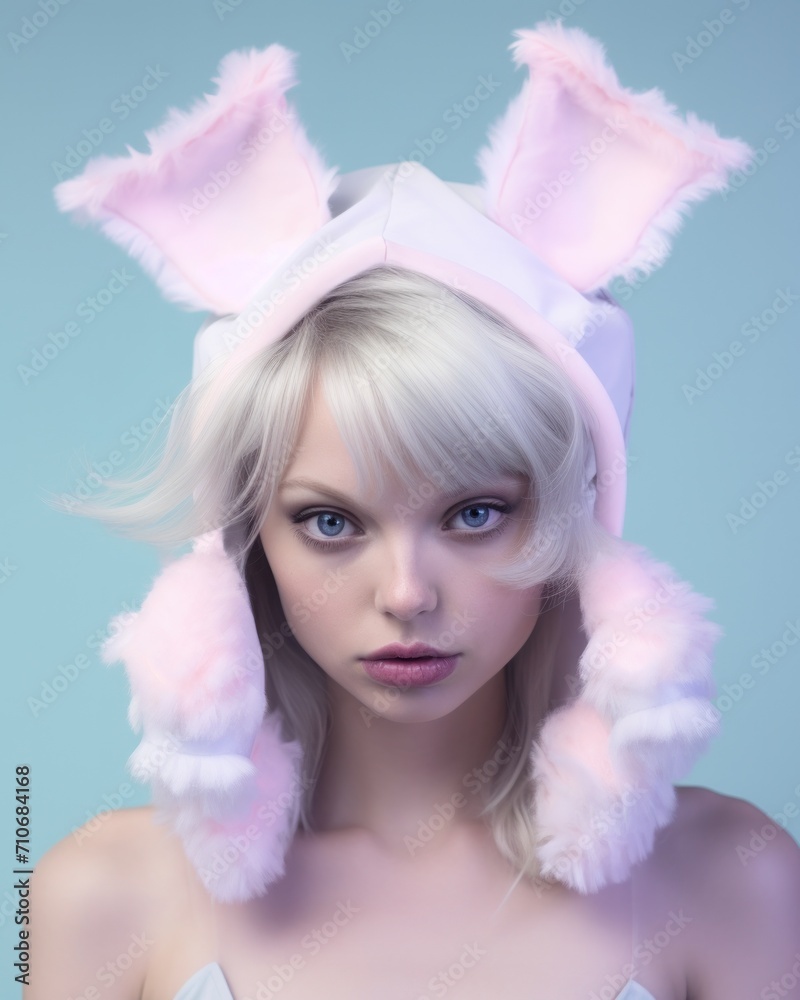 Softly lit portrait of a serene woman wearing a pastel pink bunny hat, giving a sense of calm