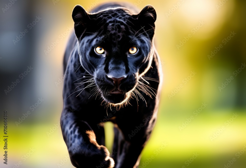 Panther close-up, photography of a Panther. A black jaguar walking through a river stream with green plants and trees in the background with a bright yellow light shining. Generative ai