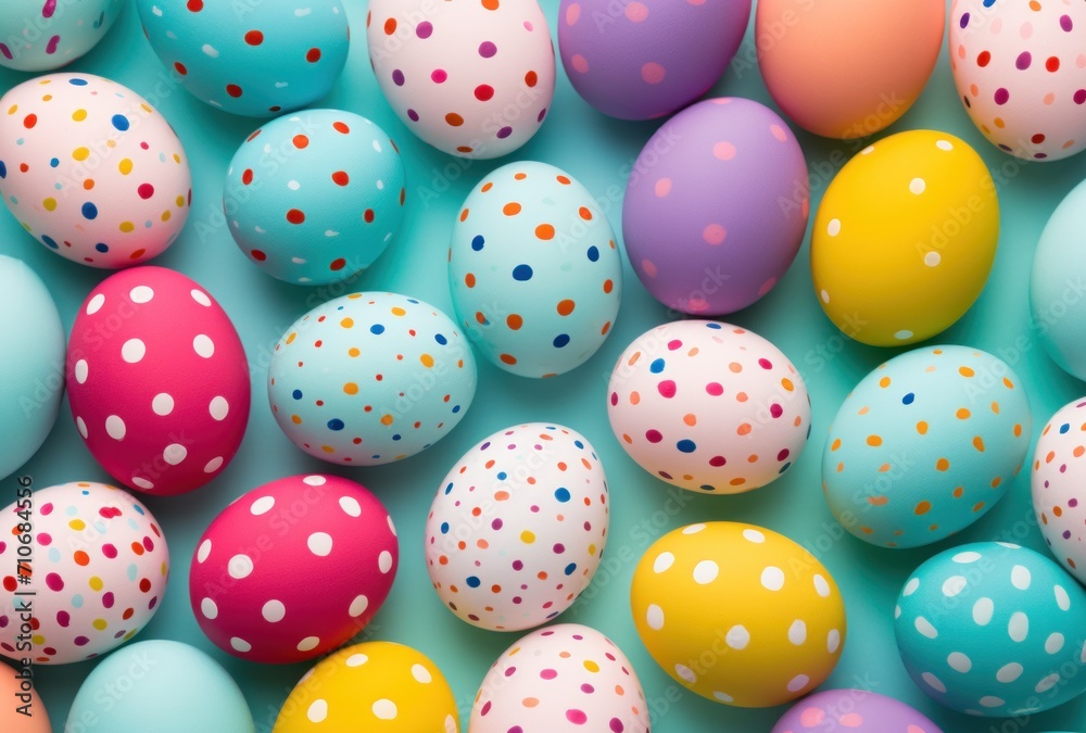 Multicolored easter eggs with dots arranged in a pattern on a teal background