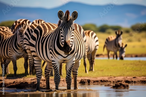 A group of zebras congregating around a watering hole  their distinctive stripes contrasting against the grassland.