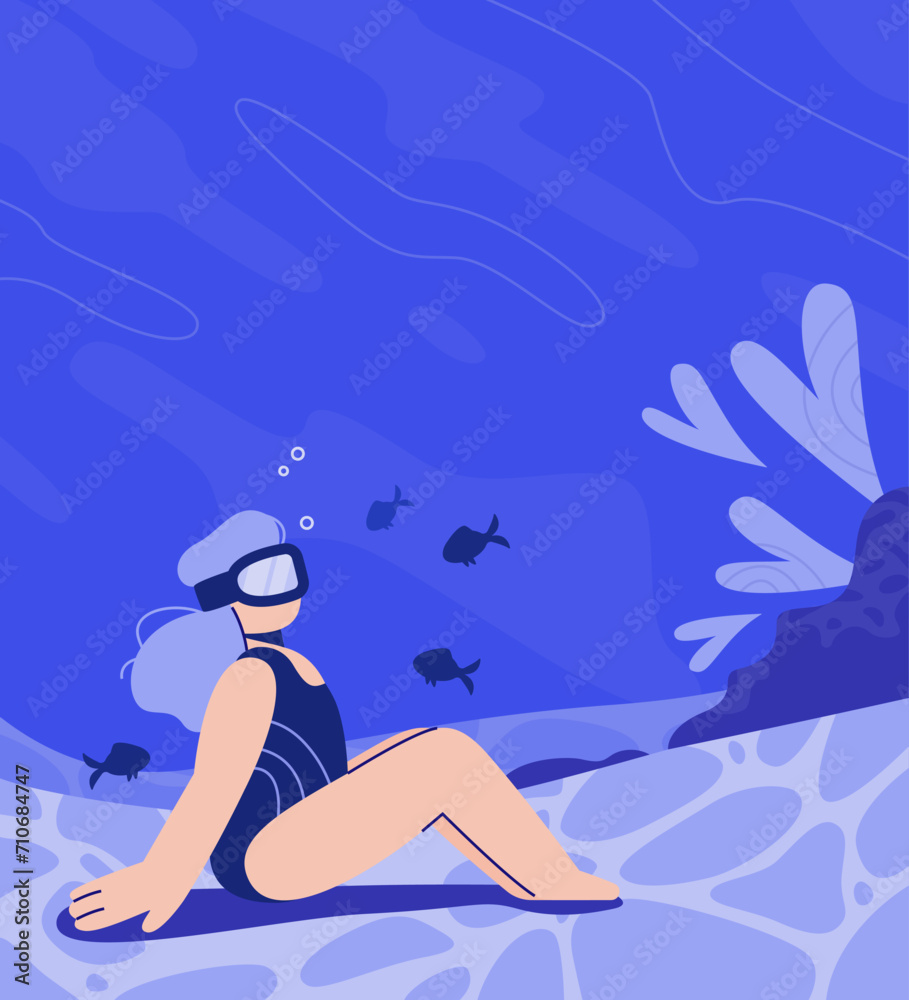 Woman swims underwater, enjoying the beauty of the ocean floor and fish.