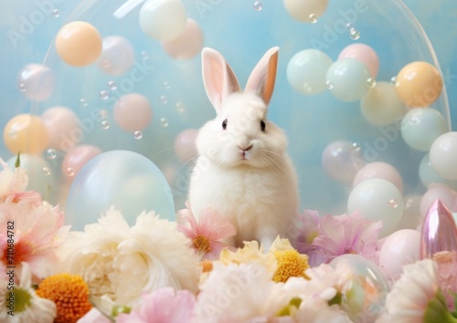 Beautiful white bunny posing amid a colorful easter arrangement with pastel eggs and a variety of flowers