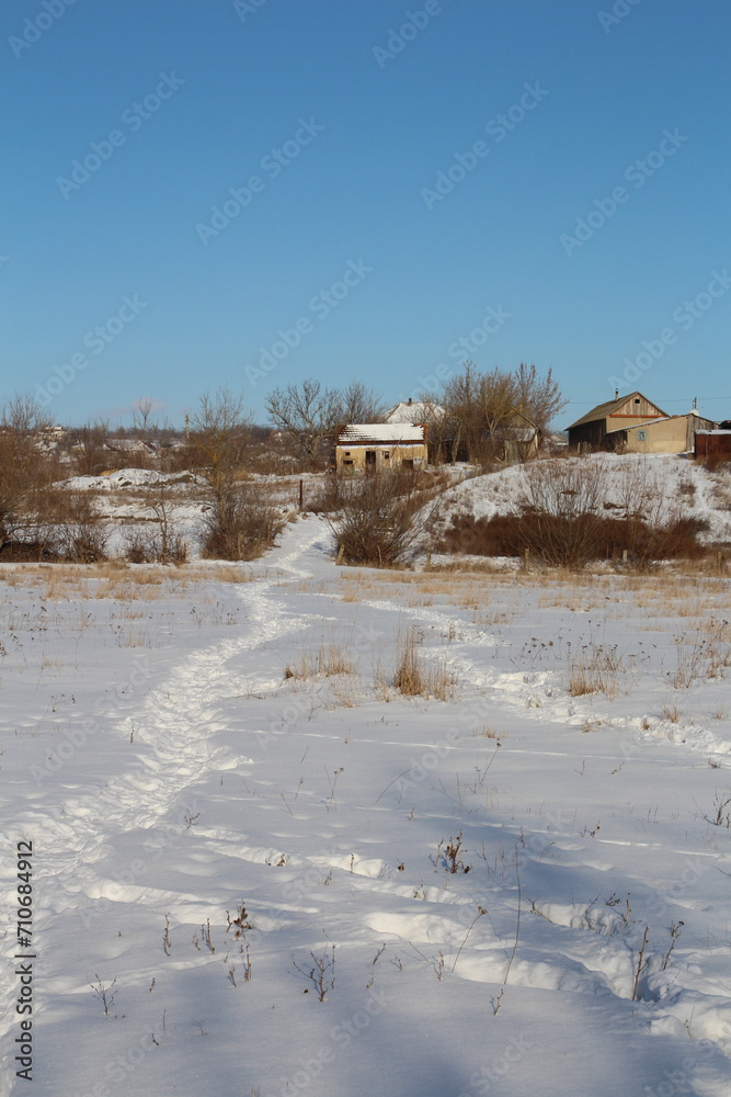 A snowy field with trees and buildings