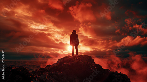 Mann schaut im Abendrot von dem Kliff zur Sonne am Horizont und Blickt in seine Zukunft
