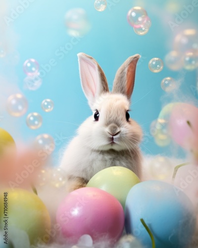 A fluffy bunny sits among vibrant pastel eggs and floating bubbles, capturing the spirit of easter and spring
