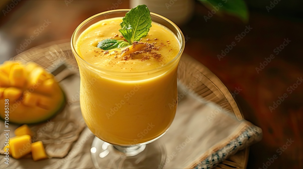 Mango lassi with mint and mango ice cubes, refreshing traditional Indian yogurt fruit smoothie drink for summer heat Mango lassi with mint and mango ice cubes, refreshing traditional Indian yogurt fruit smoothie drink for summer heat