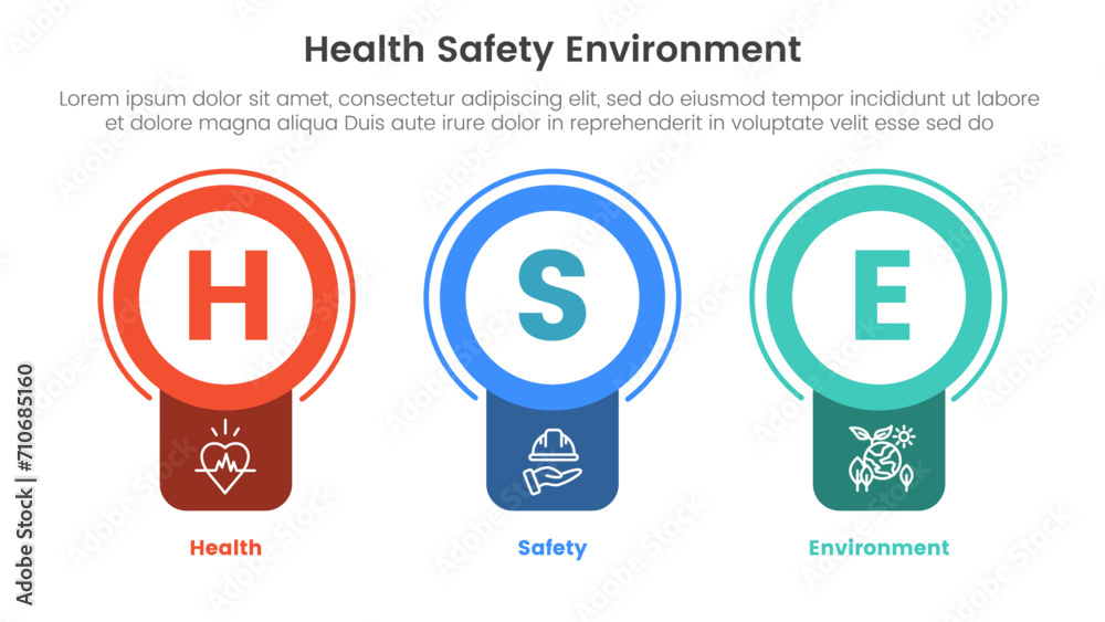 hse framework infographic 3 point stage template with badge circle banner shape for slide presentation