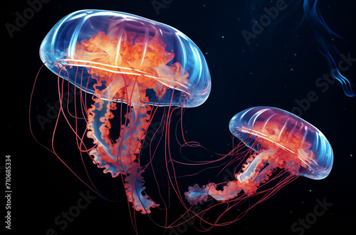 two jellyfishs are swimming in the water together, with red and blue colors on their heads and body, generative ai © Vitaliy