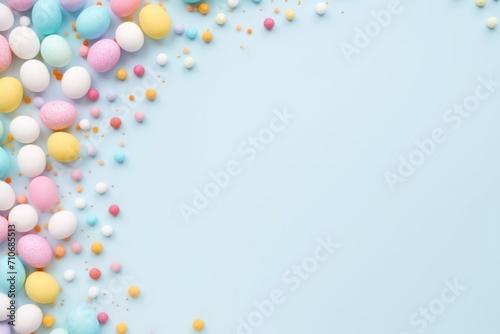 Vibrant candy easter eggs scattered across a blue pastel background with ample copy space