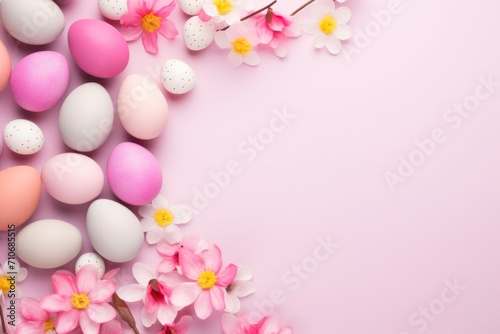 Colorful easter egg arrangement with flowers on a soft pink backdrop for holiday-themed designs