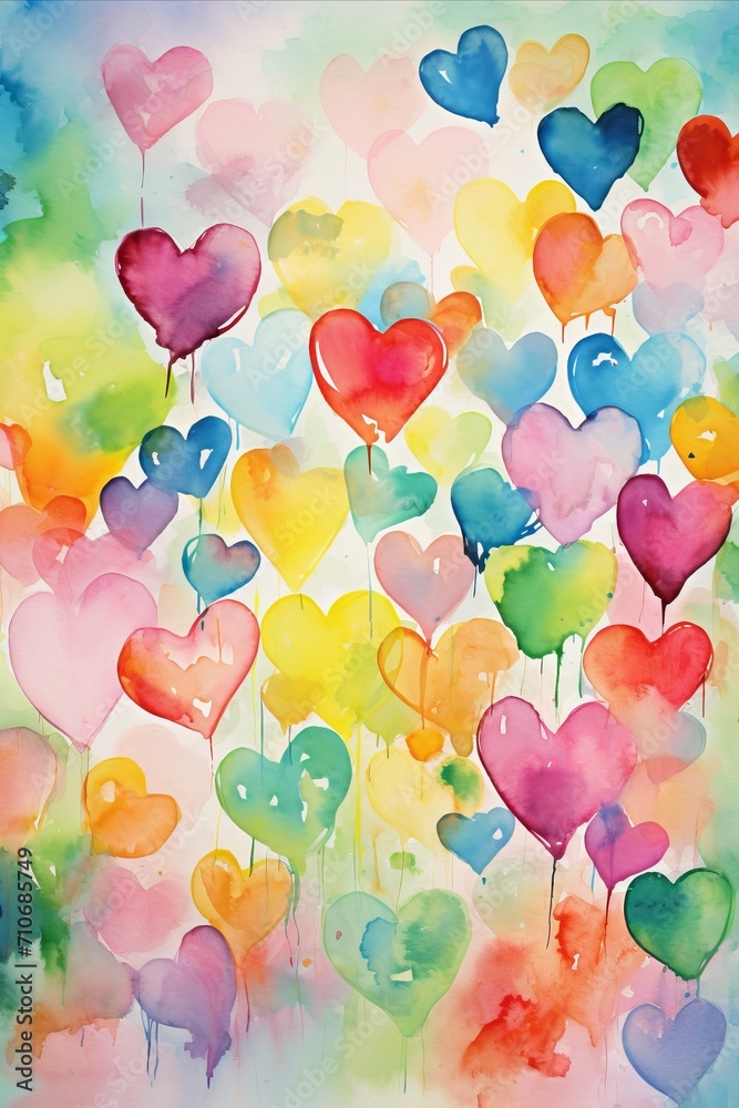 Colorful Watercolor Heart Balloons in Sky
