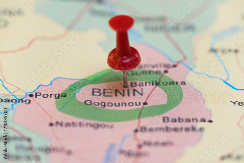 map with a pin in Benin, destination