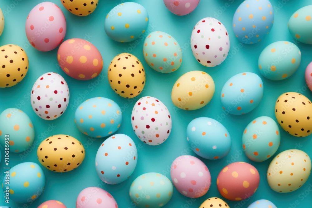 Colorful easter eggs with polka dots over a turquoise background, vivid and festive arrangement