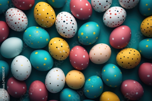 A close-up view of a collection of dotted easter eggs in vibrant colors arranged neatly