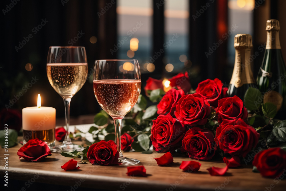 Two glasses champagne and candle on the table of Valentines Day Two glasses champagne and candle on the table of Valentines Day