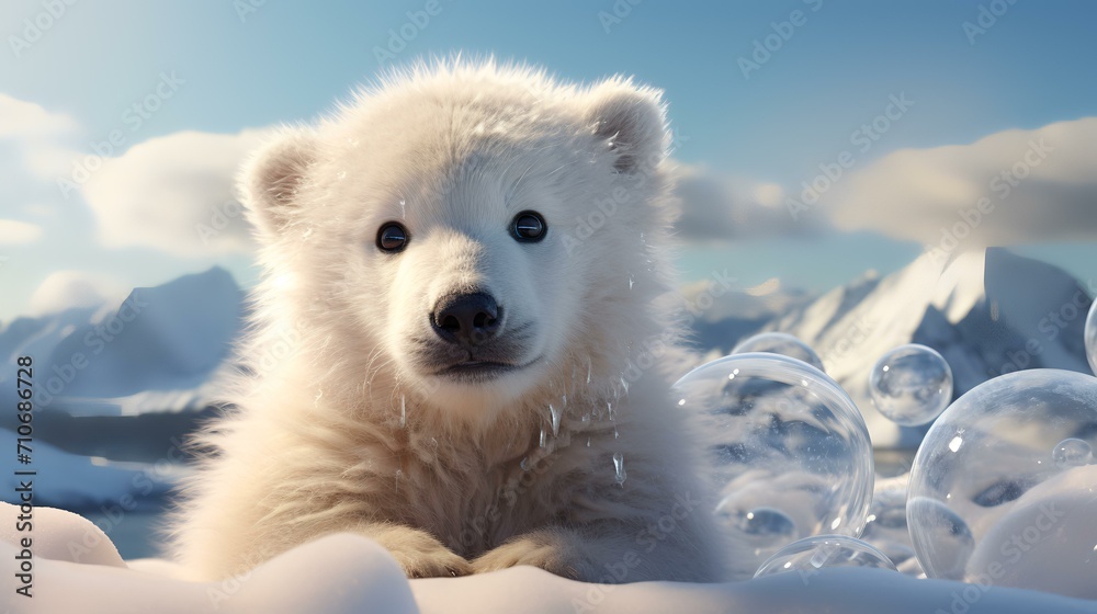 Baby Polar Bear Cuddling a Snow Globe - Reflection in Ice

