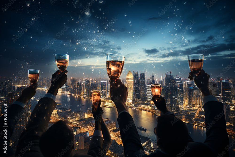 A group of successful entrepreneurs enjoying a moment of triumph, toasting to their achievements against a backdrop of a modern city skyline. - obrazy, fototapety, plakaty 