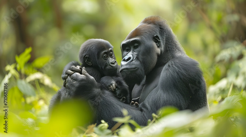 A family of gorillas peacefully interacting in their natural habitat, highlighting their strong social bonds