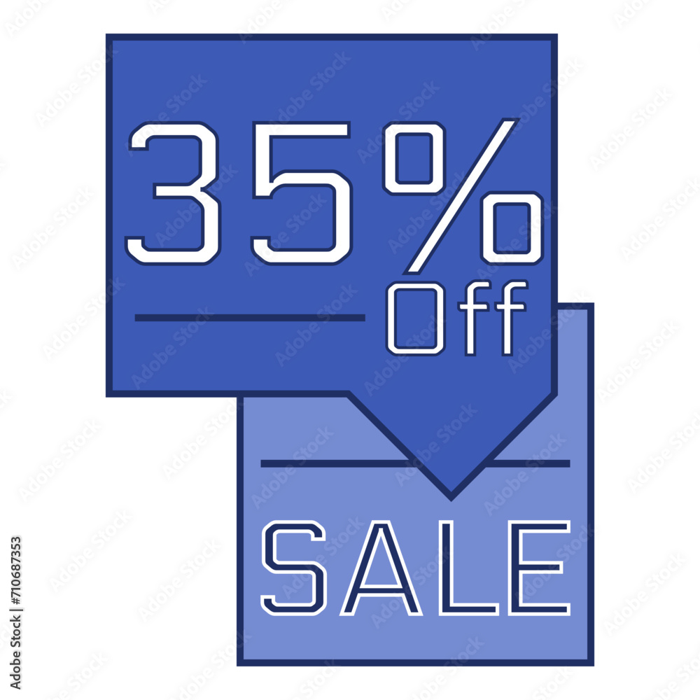 35% off written in a blue rectangular speech bubble. Sale. 35% off written in a blue rectangular speech bubble. Sale.