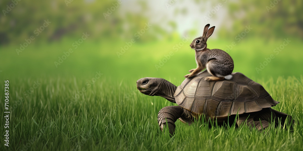 Hare and Tortoise Concept with the Hare riding on the toroise's back. - obrazy, fototapety, plakaty 