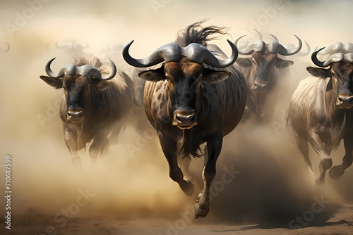 A majestic herd of wildebeests migrating across the vast Serengeti plains, kicking up dust clouds. © Animals