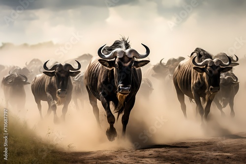 A majestic herd of wildebeests migrating across the vast Serengeti plains, kicking up dust clouds.