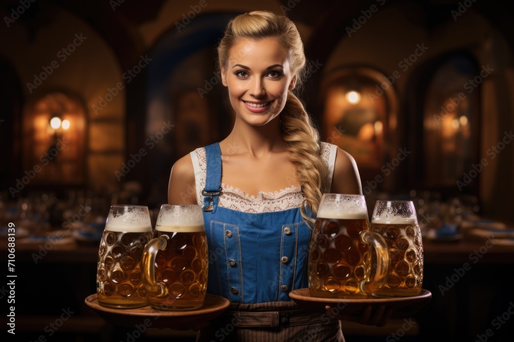 Oktoberfest waitress, wearing a traditional Bavarian dress, serving big beer mugs