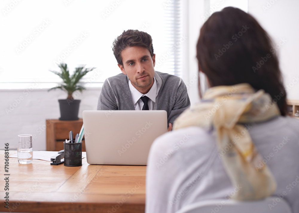 Coworkers, laptop and office with interview, conversation and technology in workplace. Man, woman and businesspeople with manager, team or recruitment with discussion, mentor and professional Coworkers, laptop and office with interview, conversation and technology in workplace. Man, woman and businesspeople with manager, team or recruitment with discussion, mentor and professional