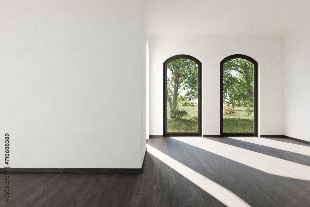 Fototapeta premium frontal view on empty luxurious loft apartment with floor-to-ceiling windows and panoramic view; modern minimalistic interior design; bright daylight; 3D rendering
