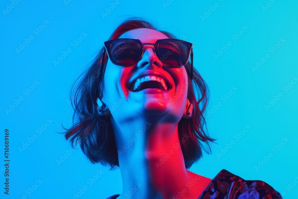 cute girl posing on camera smiling and laughing, nostalgic blue and purple colors