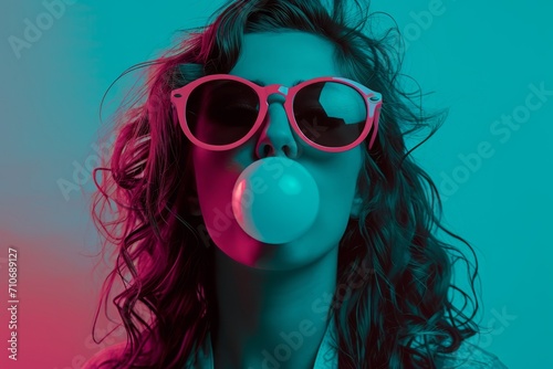 a pulp portrait of a young girl blowing a bubble  gum , posing on camera, nostalgic retro 80s mood