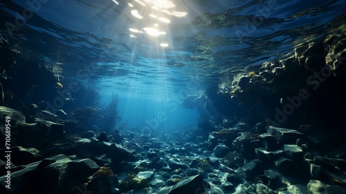 Submerged Depths: Dark Blue Ocean Surface Seen from Underwater