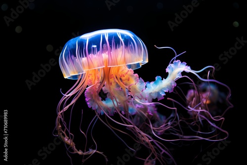 A mesmerizing shot of a bioluminescent jellyfish glowing in the depths of the ocean at night. © Animals