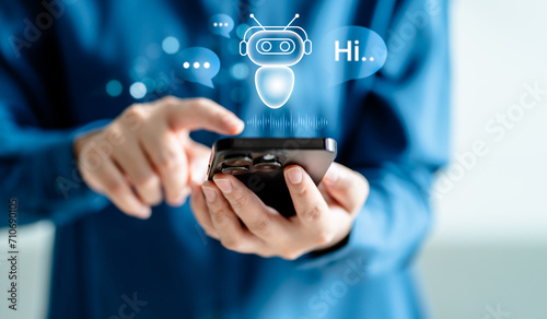 Wallpaper Mural Women using chatbot applications on smartphones, AI, Chat Artificial Intelligence assistant conversation online support marketing, AI generates machine robot automation, Futuristic technology. Torontodigital.ca