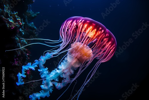 A mesmerizing shot of a bioluminescent jellyfish glowing in the depths of the ocean at night.