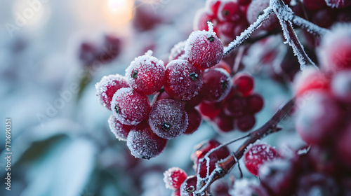 Frost-covered Berries on a Branch in Winter Light