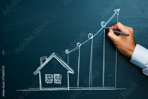 Real Estate Growth Concept on Chalkboard. Hand drawing increasing graph for real estate growth concept on chalkboard.