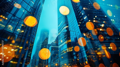 Office buildings in blue lights at dusk, in the style of contemporary glass, bokeh, light turquoise and gold, abstraction-creation, luxurious textures, lens flares, stylish © korisbo