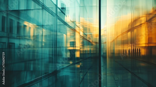 Office buildings in blue lights at dusk  in the style of contemporary glass  bokeh  light turquoise and gold  abstraction-creation  luxurious textures  lens flares  stylish