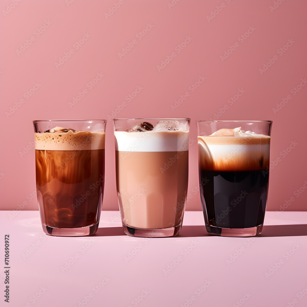 Three glasses of coffees in a pink background.