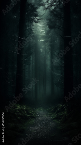 Misty forest in the night, dark scary foggy landscape 