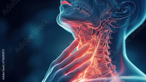 A person holding on to sore throat, lesion in tonsils, throat disease, acute respiratory viral infection, tracheitis, season of viral activity. 3D rendering, X-Ray