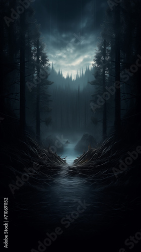 Misty evening in the forest with dark trees 