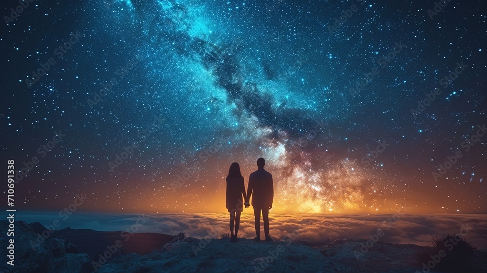 A couple in love holds hands and looks at the endless starry sky and the milky way, walking into the future together