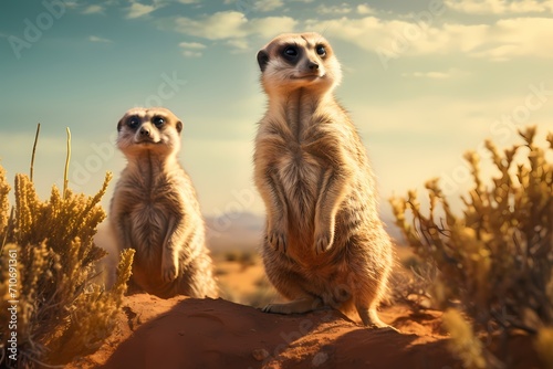 A pair of curious meerkats standing upright, scanning the horizon for potential danger in the desert.