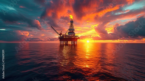 Oil rig on water produces oil at sunset