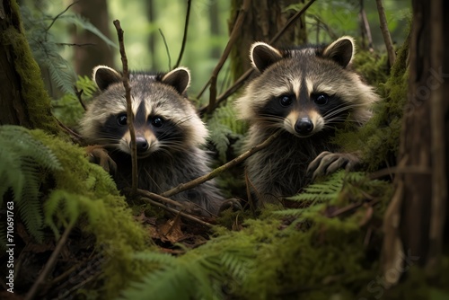 A pair of curious raccoons exploring a lush, green forest floor, their masked faces peeking out.