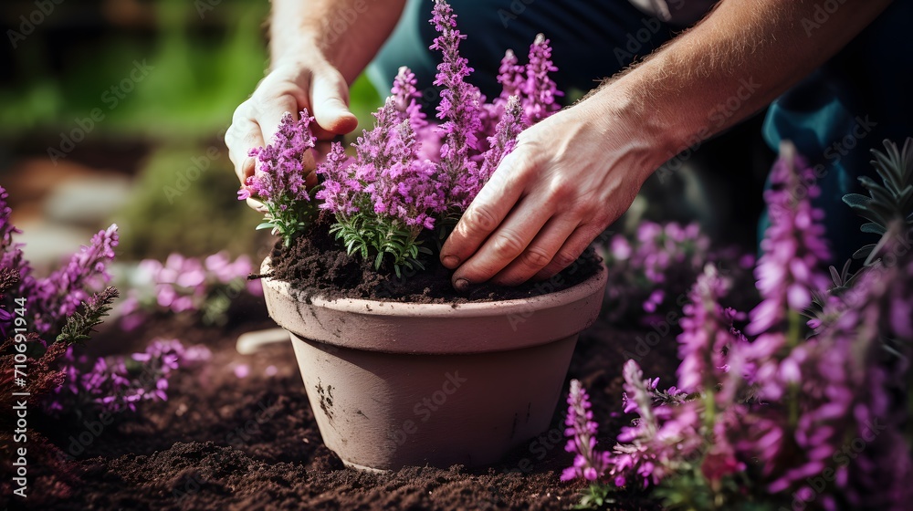 Fototapeta premium gardeners hand planting heather flowers in pot with soil