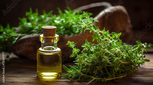 Bottle of thyme essential oil with fresh thyme twigs and other bottles in the background photo