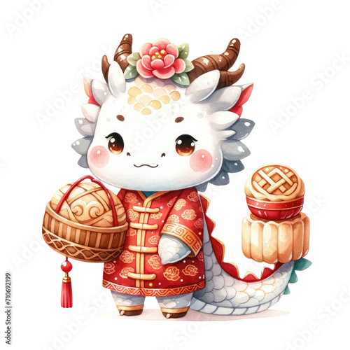 Adorable Cartoon Dragon in Traditional Chinese Attire Celebrating New Year